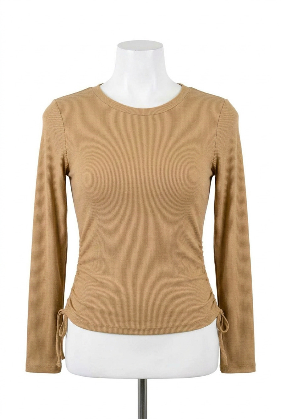 NEW MITTOSHOP ribbed round long sleeve top in tan